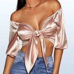 SheIn NWT Off Shoulder Tie Front Pink Satin Crop Top Photo 0