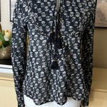 DOEN Floral Print Cotton Tassel Long Sleeve Top Size Small Boho Black Photo 0