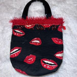 Lips Kissy Face Mouth Y2K Mini Tote/Purse 90s Fringe Rhinestone & Feather Detail Red Photo 0