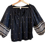 Anthropologie  Pilcro Shirt Women Medium Black Tan Embroidered Boho Cottage Puffy Photo 0