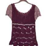 CROCHETED Lace Short Sleeve Top Mixed Stitch Burgundy Pink Photo 3