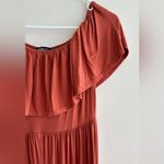 Boohoo  Stretch Midi Dress, Ruffled Off the Shoulder Sleeves, Burnt Orange, Size 6 Photo 15
