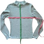 Light Blue Ribbed Knit Lettuce Trim Mock Neck Sweater Top Women’s Large Jumper Photo 3