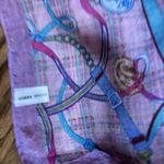Vintage 100% Silk Scarf Pink Purple Plaid Equestrian Print Reins Chains Horses Photo 3