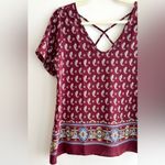Sienna Sky  Maroon/Blue/Tan Paisley Print Short Sleeve Blouse, Size Medium Photo 2