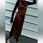 ZARA  Chocolate/Brown Satin Effect Midi‎ Dress size Small Photo 2