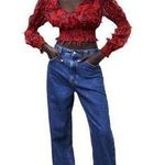 ZARA Red Floral Smocked Sheer Blouse Fringing Cropped Top Long Sleeve Size XS Photo 0