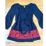 J.Crew XS S Navy Linen Oversized Short Dress Belted Red Floral Embroidered Tunic Photo 0