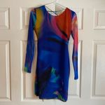ZARA  medium Bodycon abstract paint sheer blue midi long sleeve dress tulle multi Photo 1