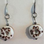 Silver Tone Glass Chocolate Sprinkled Donut Earrings Dangle 1.75" Playful 10.36g White Photo 0