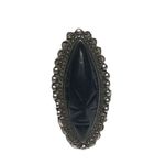 Taxco Mexican Mask 925 Sterling Silver Aztec Mayan Inca Face Tribal Large Ring Black Photo 1