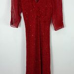 Vision Apparel Dress 6 Red Silk Sequin Sheer Sleeve Midi Gown Y2K Vintage Glam Photo 0