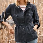 Garnet Hill Twill Cargo Jacket Belted Roll-Tab Sleeves Carbon Blue XS Photo 0