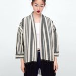 ZARA Ecru Black Stripe Rustic Fringe Tassel Trim Boho Open Front Kimono Size S Photo 5