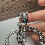 Wild Cat Leopard Rhinestone Dangle Pierced Earrings Silver Tone Clear & Green Photo 9