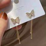 925 Silver Post Gold Butterfly Long Tassel Chain Gold Drop Earrings for Women Photo 0