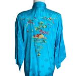 Vintage Kimono Hand Embroidered Medium Teal Blue Pockets Long Sleeve No Belt Photo 4