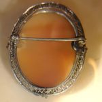 Left Facing Cameo Floral Brooch Pin Antique Carved Shell Silver Tone Filigree White Photo 5
