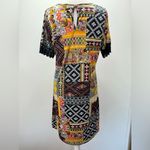 Manhattan Blues Patchwork Boho Print Lace Trim Short Sleeve Dress Size Medium Photo 4