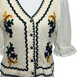 Knit Crochet Button Blouse Women’s XS White Puff Sleeve Embroidered Cottagecore Photo 6