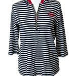 Tommy Hilfiger  Quarter Zip Navy White Striped Knit Hoodie Red Embroidery Medium Photo 0