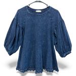 Altar'd State Altar’d State baloon sleeve crochet Hem Top, acid wash denim blue, size S Photo 0
