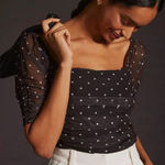 Anthropologie Black & White Polka Dot Square Neck Shirred Mesh Top Size Medium Photo 0