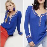 Free People Royal Blue Rainbow Embroidered Henley Thermal Top Boho Small Photo 3