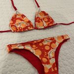 Women Small Reversible red orange triangle bikini set circles polka dot print Photo 1