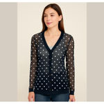 Chico's  women polka dot mesh whimsy goth cardigan v-neck Sz XS stretching Photo 1