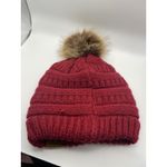 CC Beanie Women's Red Knit Winter Hat Pom Pom Fleece Lined Warm Cozy Photo 1