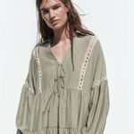 ZARA  Boho Tiered Flowy Mini Dress Sz Small Loose Fit Lace‎ Green Tie Photo 1