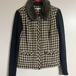 CAbi Houndstooth Full Zip Sweater Jacket with Faux Fur Collar Women's Size 6 Photo 0