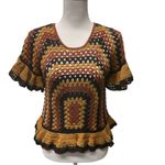 ZARA Women's Brown Black Ruffle Sleeve Crochet Boho Blouse Top Size Medium Photo 1