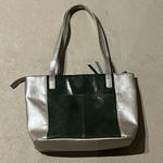 Aurielle Leather Tote Bag Purse Silver Green Double Handle Pockets Zipper Photo 3