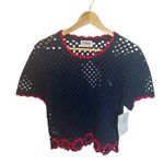 27 Miles Malibu Michele Short Sleeve Knit Top Crochet Flower Hem Small Navy Blue Photo 0