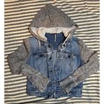 Free People Denim Jacket Distressed Hoodie Gray Knit Sleeves Women's XS Photo 0