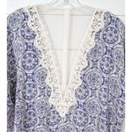Stitch Fix Women's Geometric Print Open Front Cape Lace Back Kimono Blue White X Photo 6