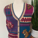 Vintage fall Squirrel Sweater Vest Ramie Cotton 90s Fall Knit small embroidered Tan Photo 0