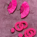 2 Pairs Hot Pink Neon Beaded Fringe Straw Boho Dangle Earrings Costume Jewelry Photo 0