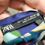 ZARA NWT Size Small Blue & Green Floral Satin Short Sleeve Belted Jumpsuit Photo 3