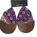 Boutique NWT Wooden Fabric Covered Boho Aztec Dangle Earrings Purple Multicolored Photo 1