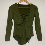 Forest Green Lattice Lace Up Long Sleeve Jersey Knit Body Suit Size M Size M Photo 0