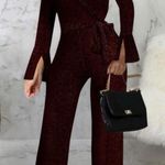 New Womens Boutique Red Metallic Shimmer Pinstripe Holiday Jumpsuit Photo 0