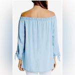Karen Kane  Light Denim Blue Seascape Off Shoulder Tie Sleeves Blousy Peasant Top Photo 2