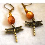 Source Unknown Vintage Amber & Brass Tone Dragonfly French Clip Fairy Earrings Photo 1