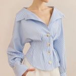 Commense Striped Collared Shirt with Waist Photo 0