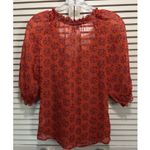 Old Navy Blouse Size XS Orange/Purple Floral Tie/Smocked Neck 1/2 Puff Sl Sheer Photo 6