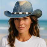 Blue and Tan Women's paper straw Cowgirl Hat Photo 0