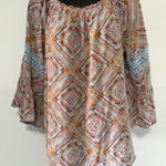 Crown & Ivy Curvy 1X Orange Blue Crochet Peasant Boho Mandala 3/4 Bell Sleeve Photo 0